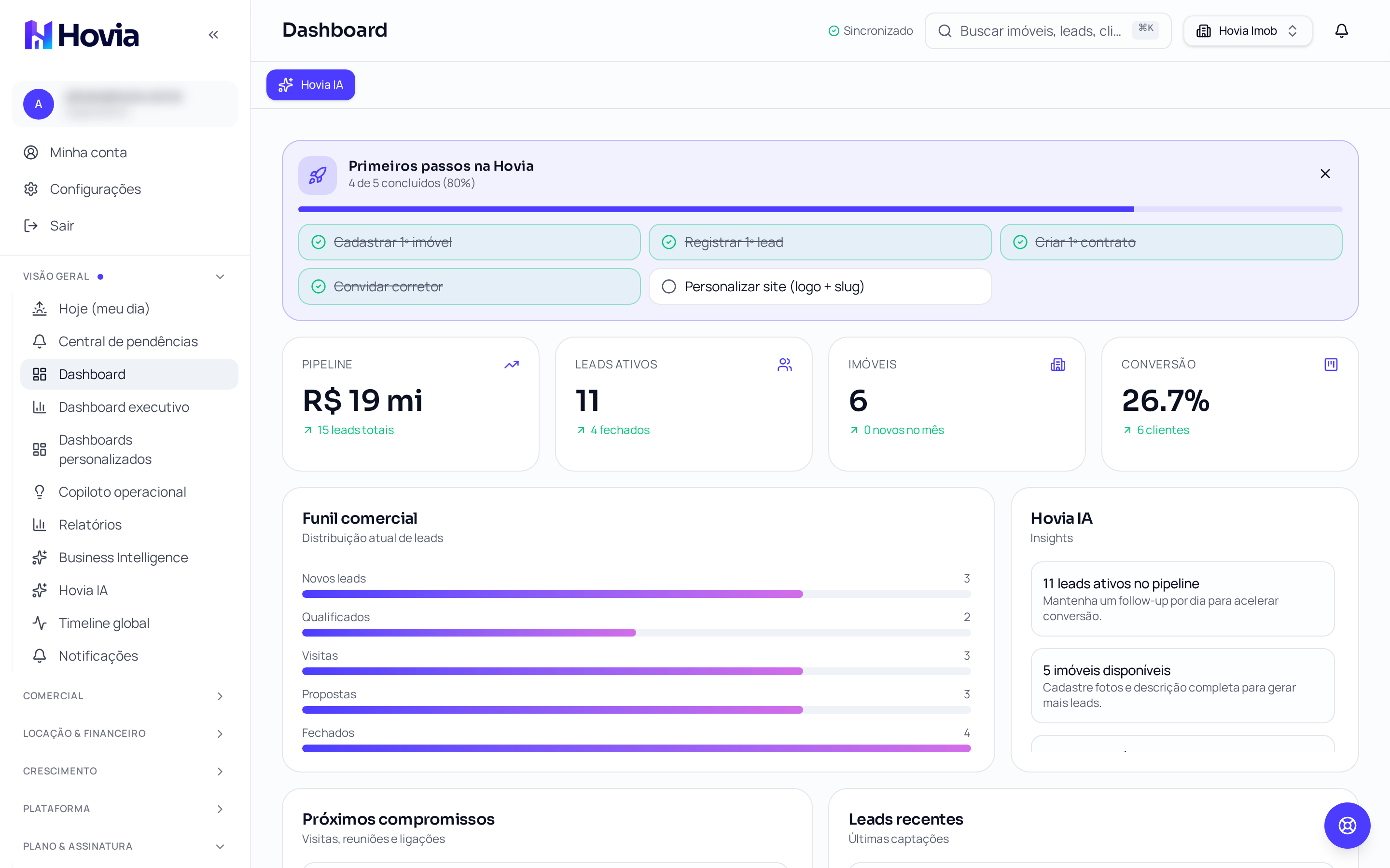 Tela Dashboard da Hovia